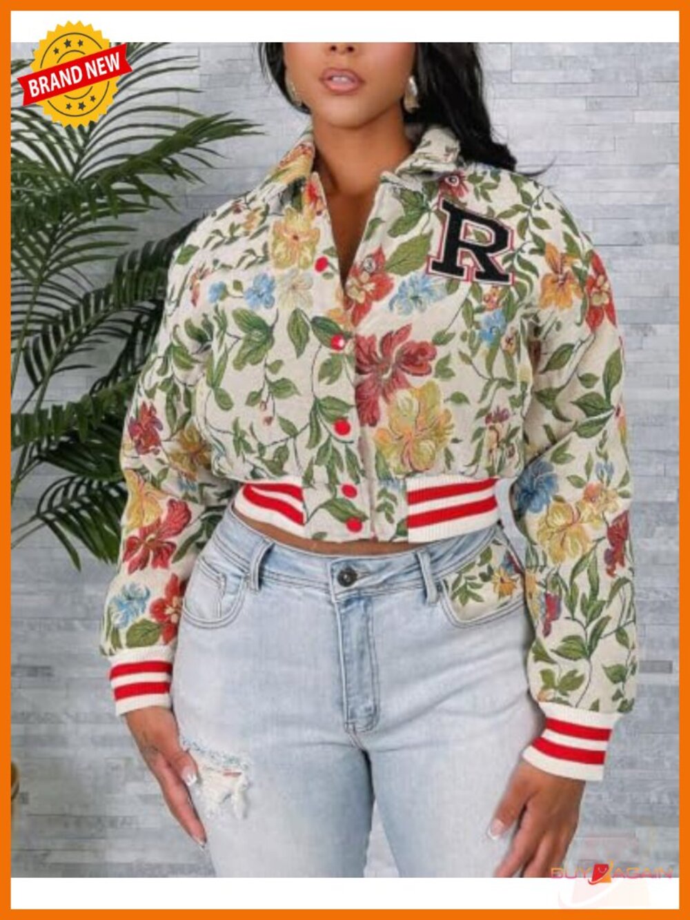 Womens Cropped Floral Bomber Jacket Snap Button Varsity Casual - Picture 3 of 5